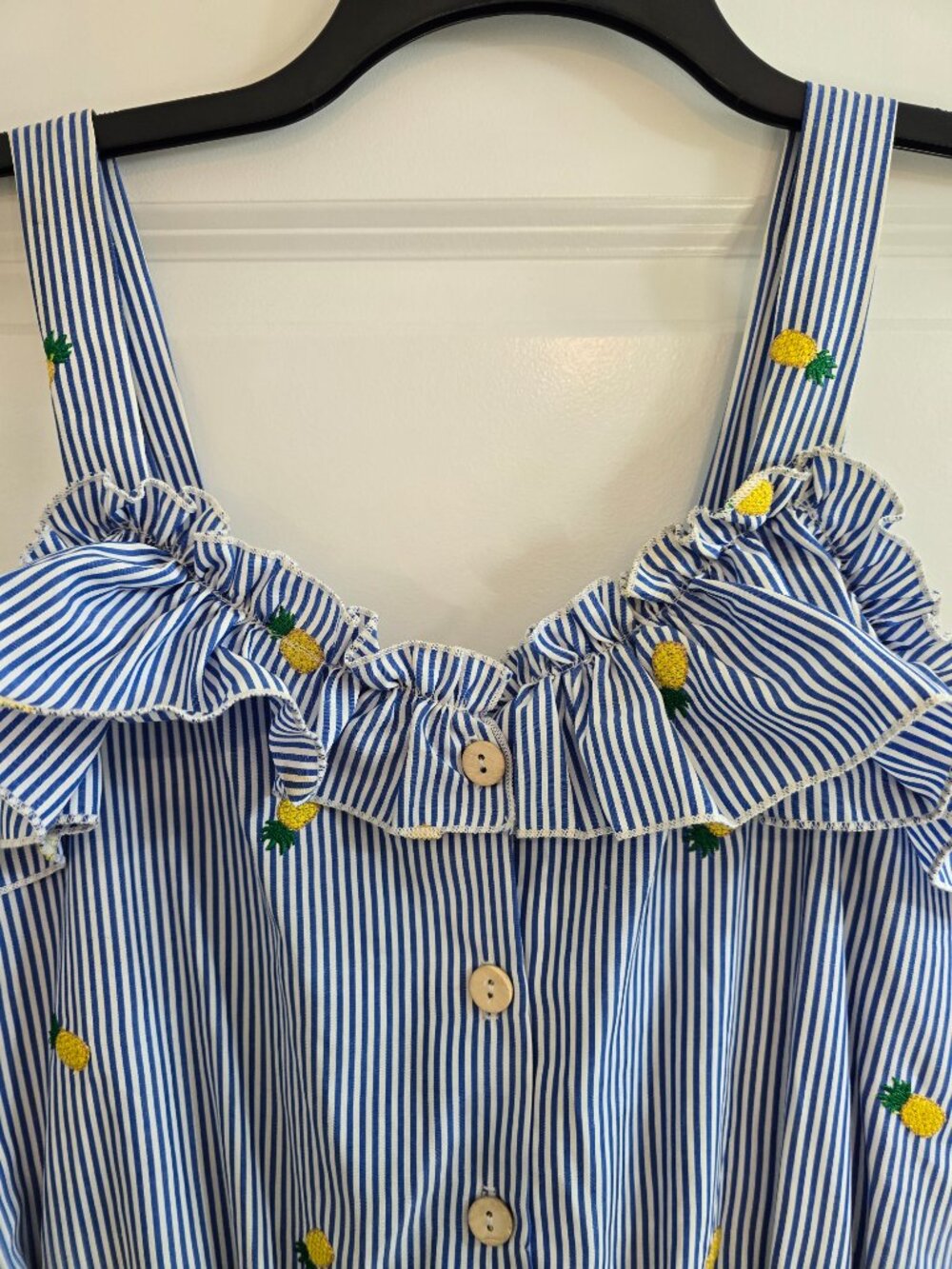 Hummingbird Blue Striped Romper With Embroidered Pineapple Print - Picture 3 of 7